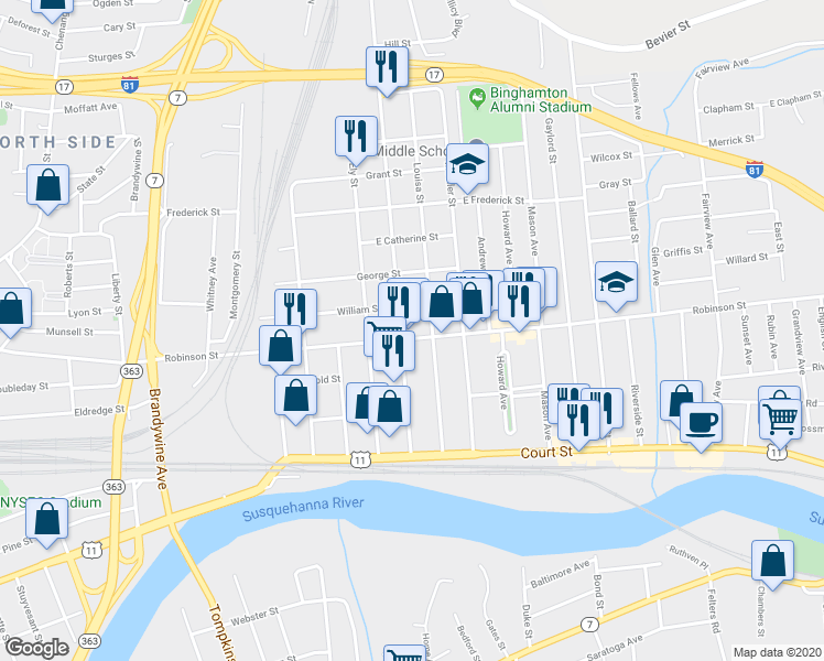 map of restaurants, bars, coffee shops, grocery stores, and more near 165 Robinson Street in Binghamton