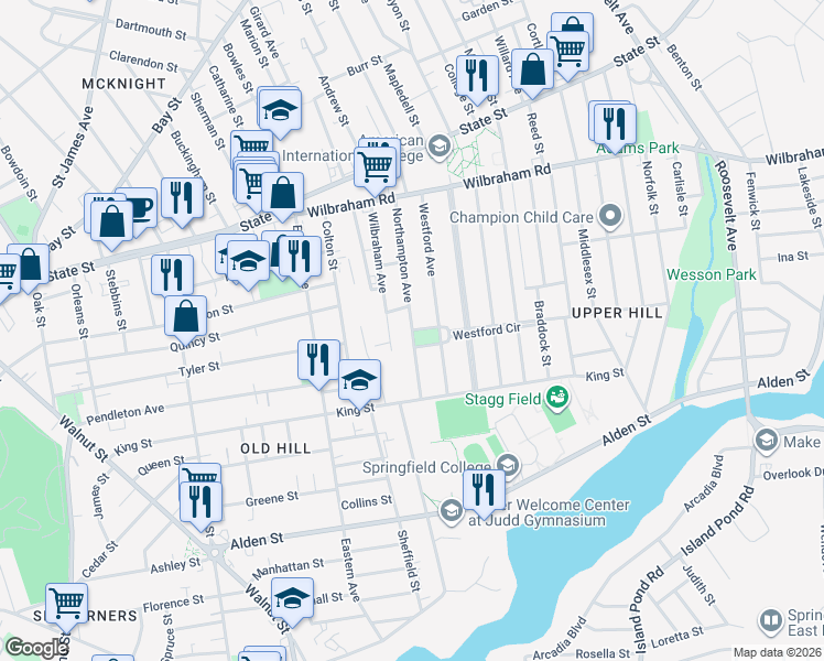 map of restaurants, bars, coffee shops, grocery stores, and more near 139 Northampton Avenue in Springfield