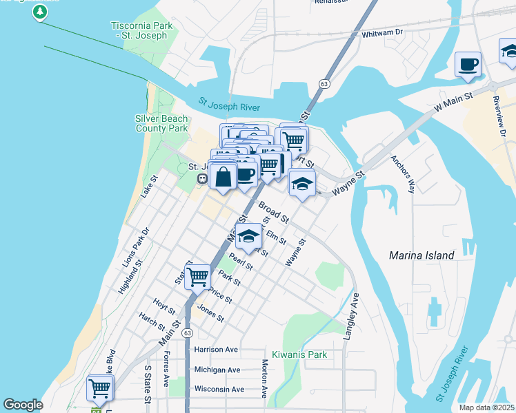 map of restaurants, bars, coffee shops, grocery stores, and more near 700 Broad Street in St. Joseph
