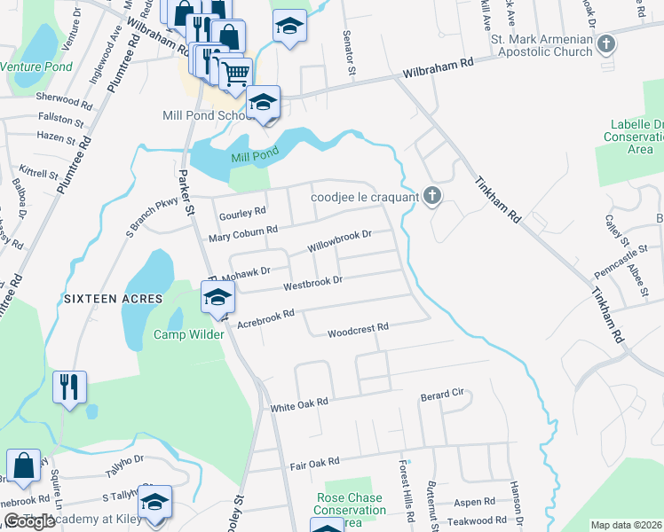 map of restaurants, bars, coffee shops, grocery stores, and more near 30 Pinebrook Drive in Springfield