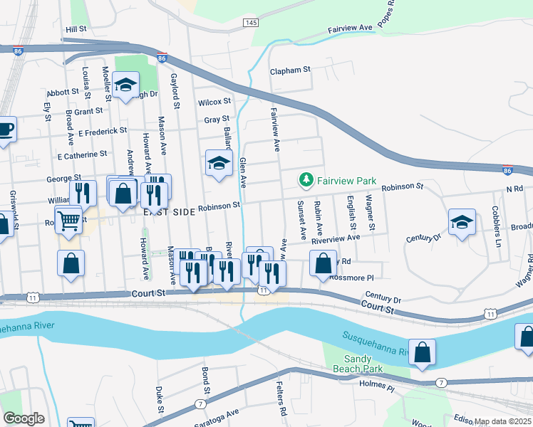 map of restaurants, bars, coffee shops, grocery stores, and more near 46 Milford Street in Binghamton