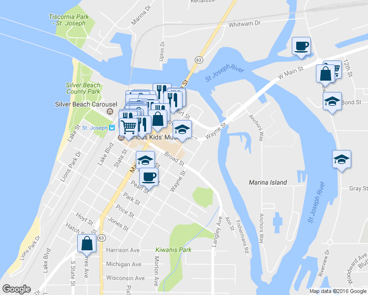 map of restaurants, bars, coffee shops, grocery stores, and more near 915 Pleasant Street in St. Joseph