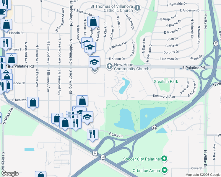 map of restaurants, bars, coffee shops, grocery stores, and more near 80 South Stonington Drive in Palatine