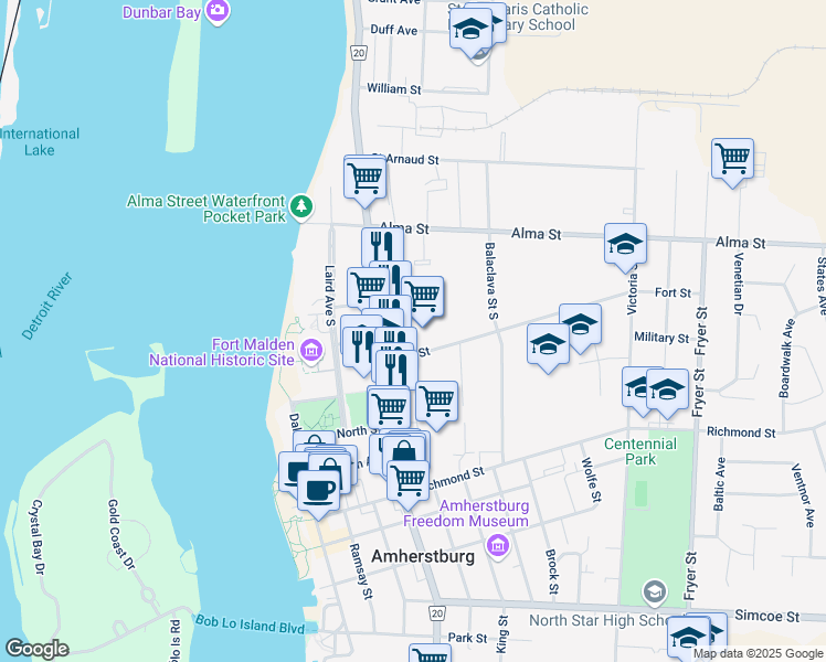 map of restaurants, bars, coffee shops, grocery stores, and more near 130 Fort Street in Amherstburg