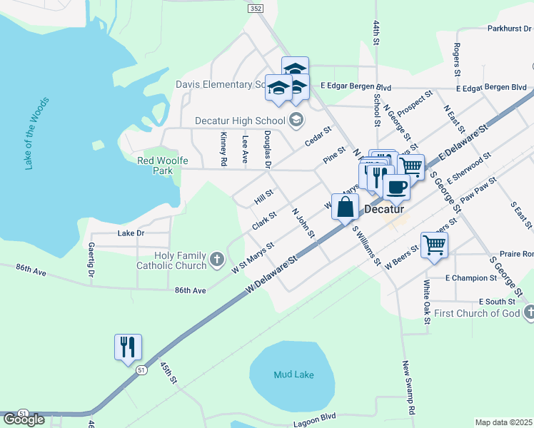 map of restaurants, bars, coffee shops, grocery stores, and more near 310 Clark Street in Decatur