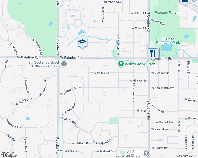 map of restaurants, bars, coffee shops, grocery stores, and more near 158 South Clyde Avenue in Palatine