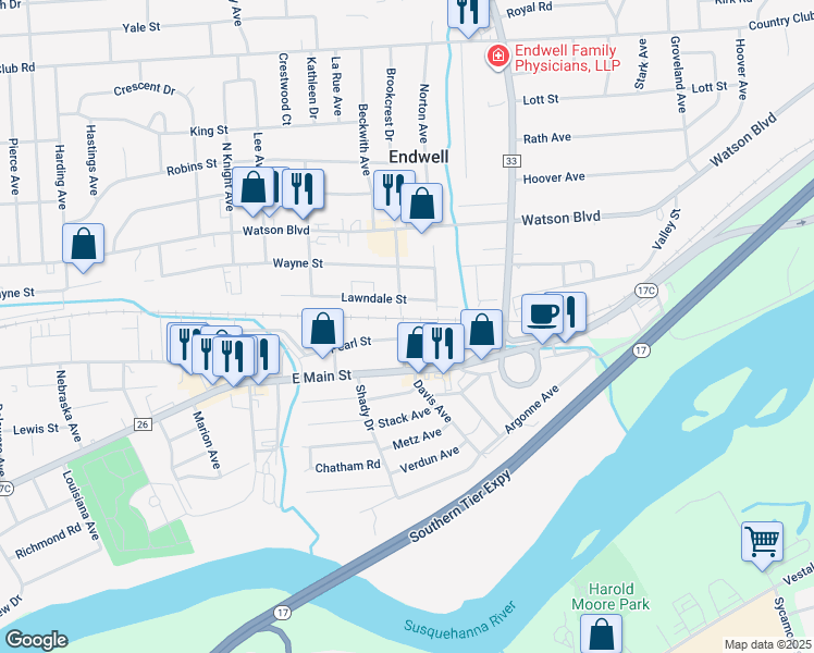 map of restaurants, bars, coffee shops, grocery stores, and more near 12 South Avenue B in Endwell