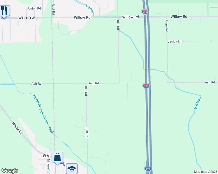 map of restaurants, bars, coffee shops, grocery stores, and more near 35575 Ash Road in Wayne County