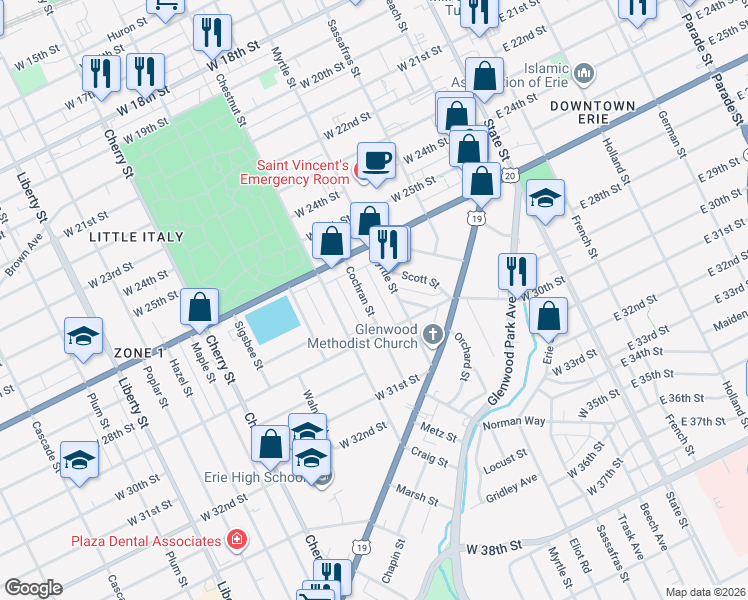 map of restaurants, bars, coffee shops, grocery stores, and more near 2658 Myrtle Street in Erie