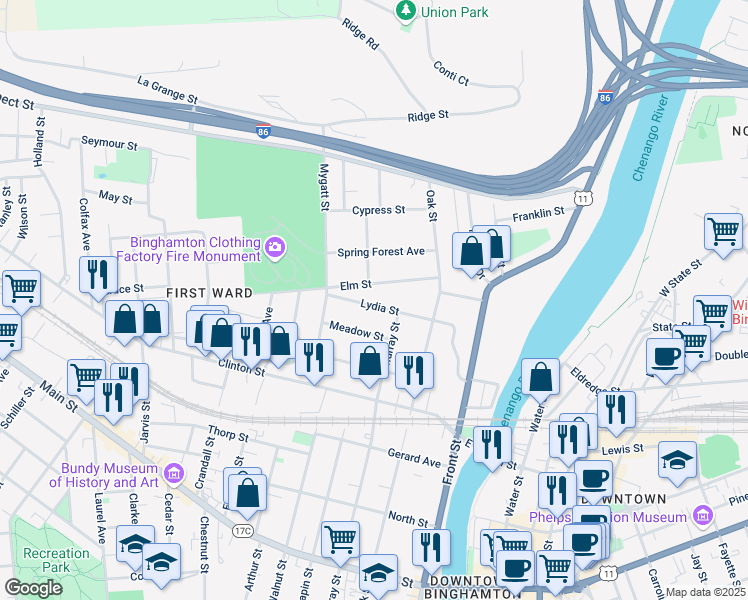 map of restaurants, bars, coffee shops, grocery stores, and more near 36 Lydia Street in Binghamton