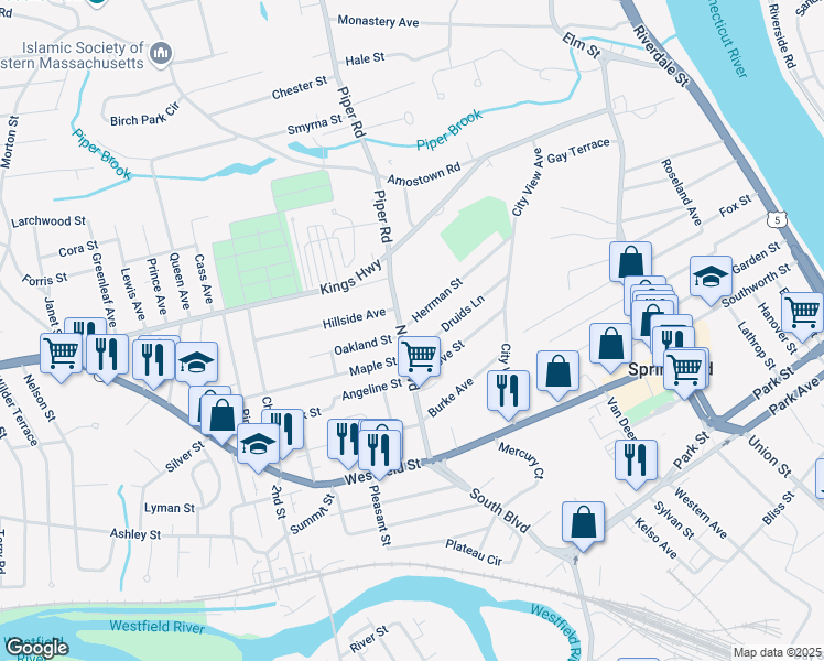 map of restaurants, bars, coffee shops, grocery stores, and more near 136 North Boulevard in West Springfield
