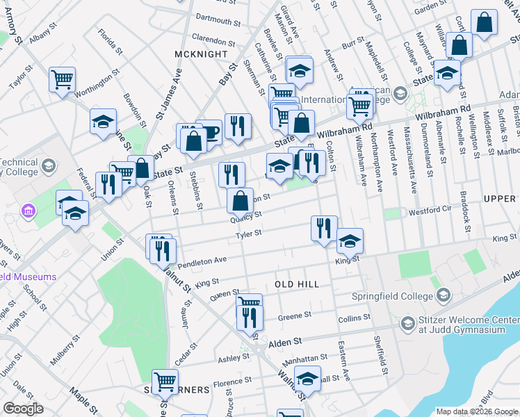 map of restaurants, bars, coffee shops, grocery stores, and more near 176 Quincy Street in Springfield
