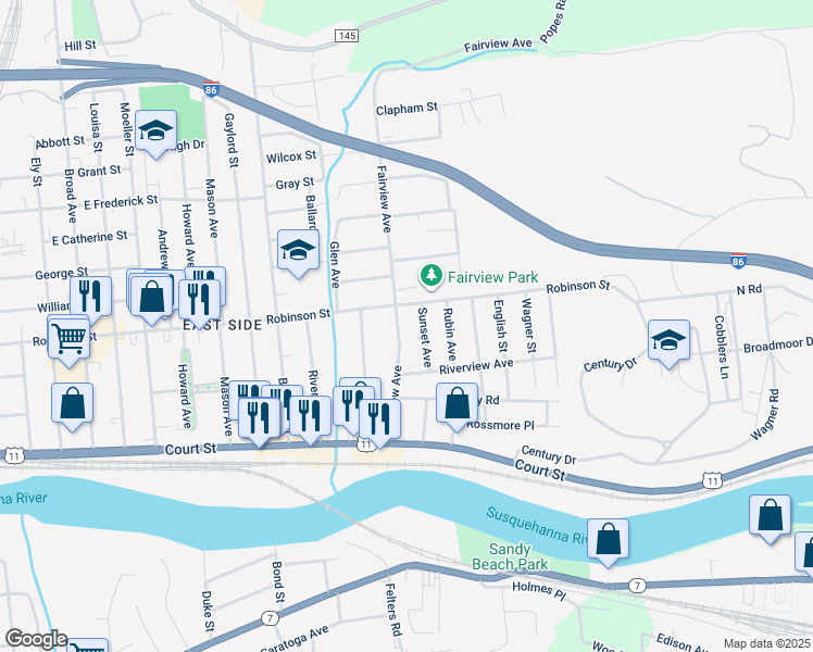 map of restaurants, bars, coffee shops, grocery stores, and more near 48 Fairview Avenue in Binghamton