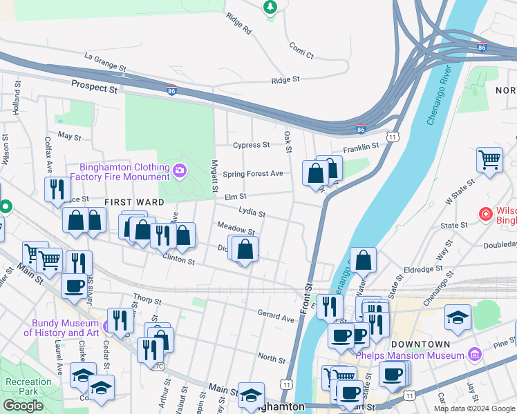 map of restaurants, bars, coffee shops, grocery stores, and more near 36 Lydia Street in Binghamton