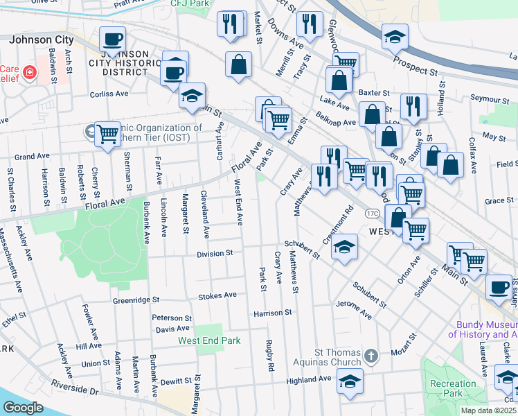 map of restaurants, bars, coffee shops, grocery stores, and more near 76 Park Street in Binghamton