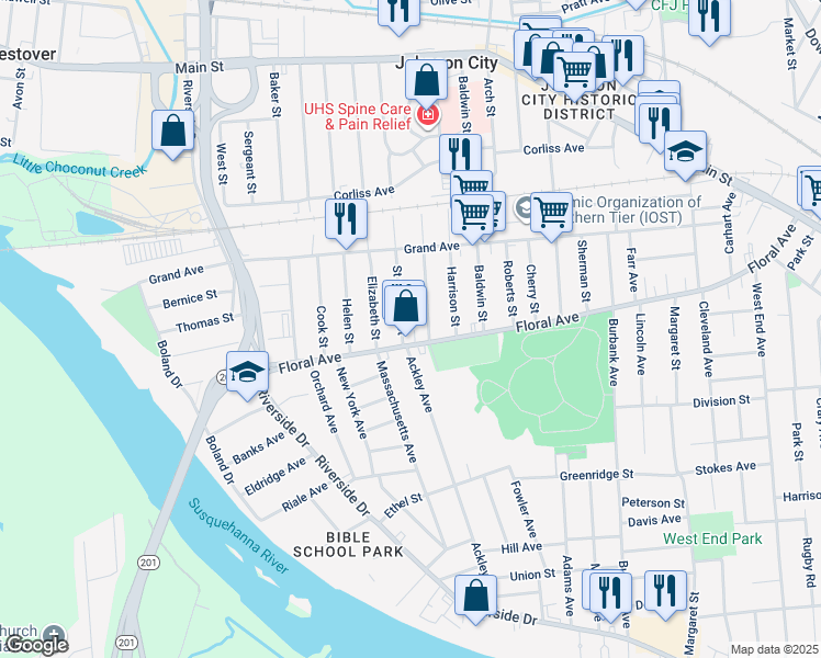 map of restaurants, bars, coffee shops, grocery stores, and more near 249 Saint Charles Street in Johnson City