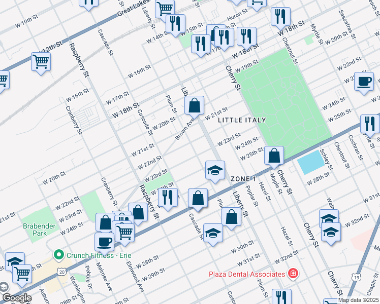 map of restaurants, bars, coffee shops, grocery stores, and more near 2218 Plum Street in Erie