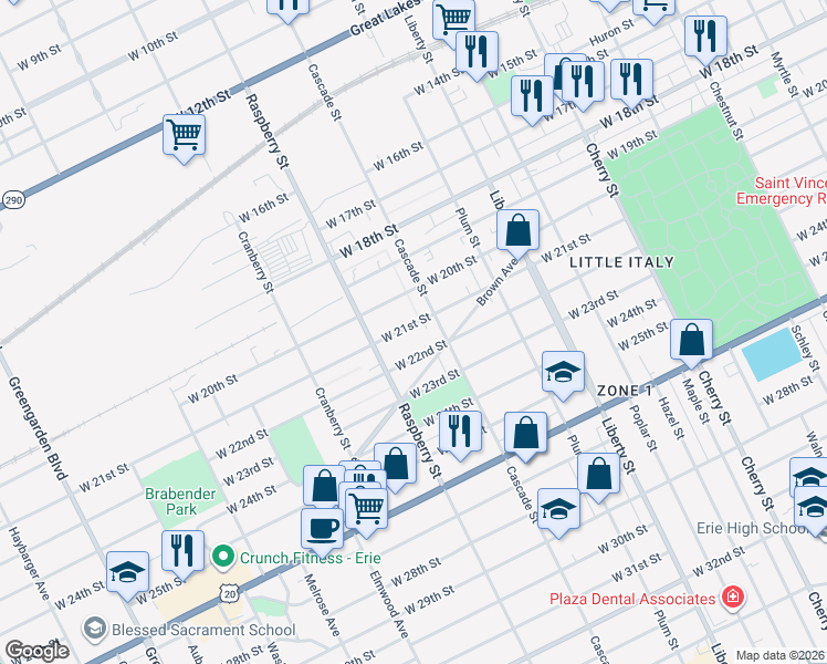 map of restaurants, bars, coffee shops, grocery stores, and more near 1036 W 21st St in Erie
