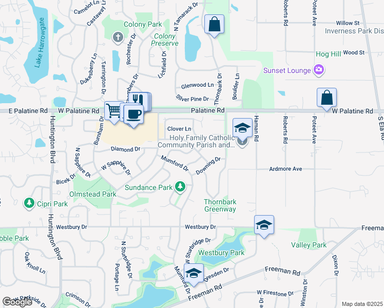 map of restaurants, bars, coffee shops, grocery stores, and more near 1205 Goldenrod Lane in Hoffman Estates