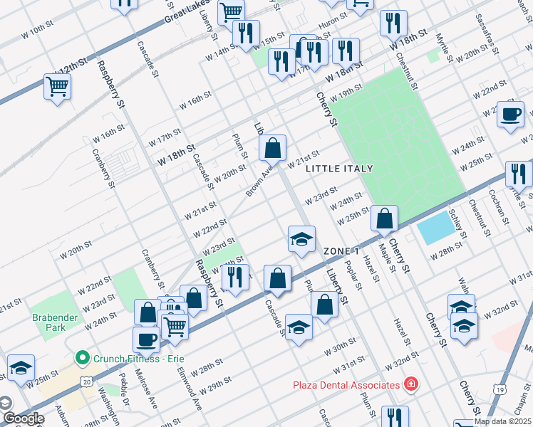 map of restaurants, bars, coffee shops, grocery stores, and more near 2218 Plum St in Erie