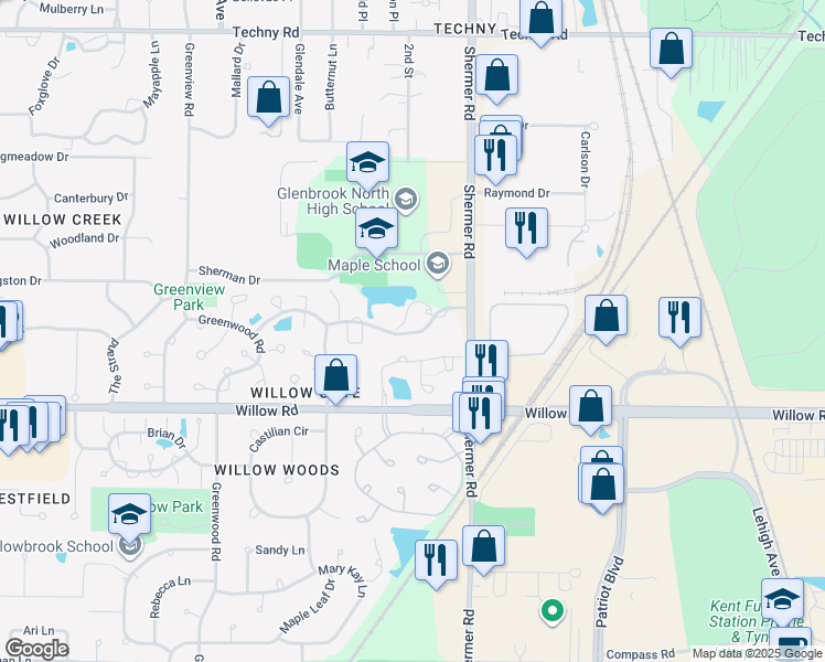 map of restaurants, bars, coffee shops, grocery stores, and more near 2050 Valencia Drive in Northbrook