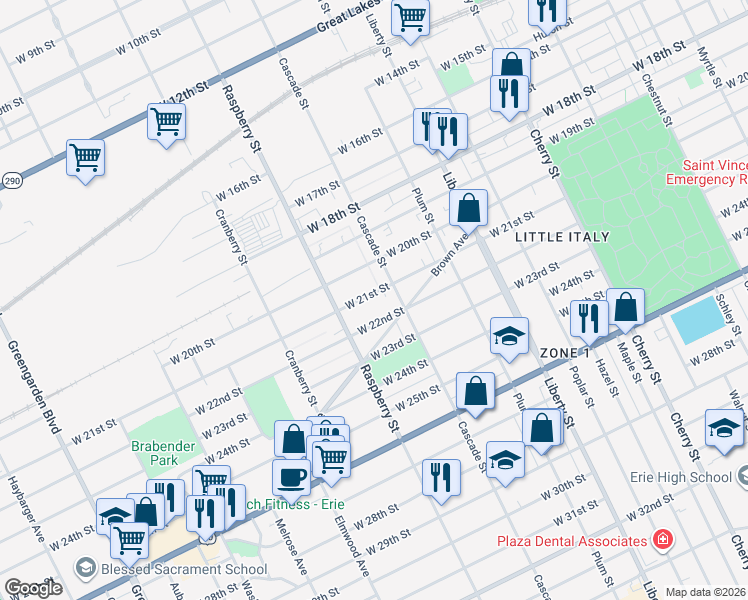 map of restaurants, bars, coffee shops, grocery stores, and more near 1036 W 21st St in Erie