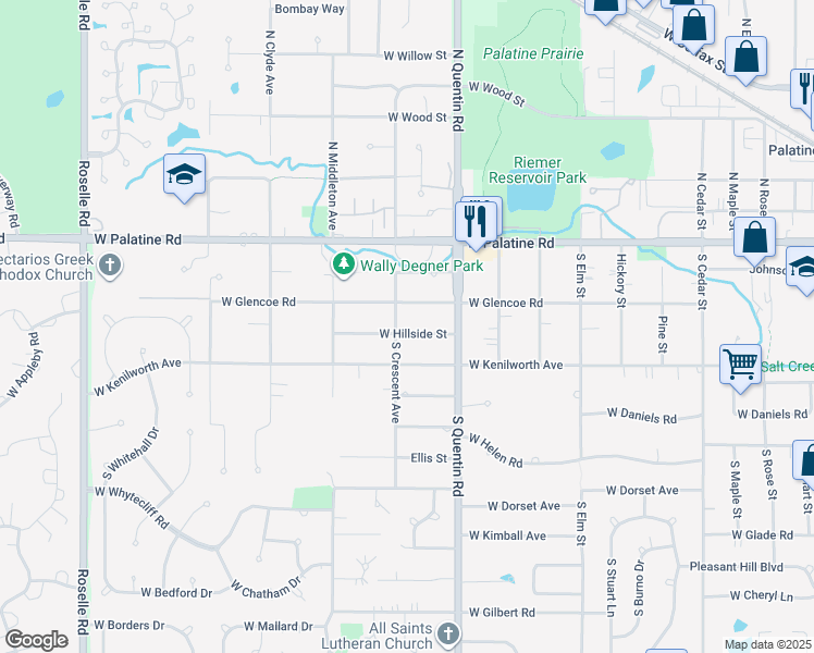 map of restaurants, bars, coffee shops, grocery stores, and more near 870 West Hillside Street in Palatine