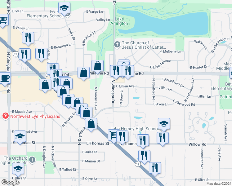 map of restaurants, bars, coffee shops, grocery stores, and more near 1747 North Windsor Drive in Arlington Heights