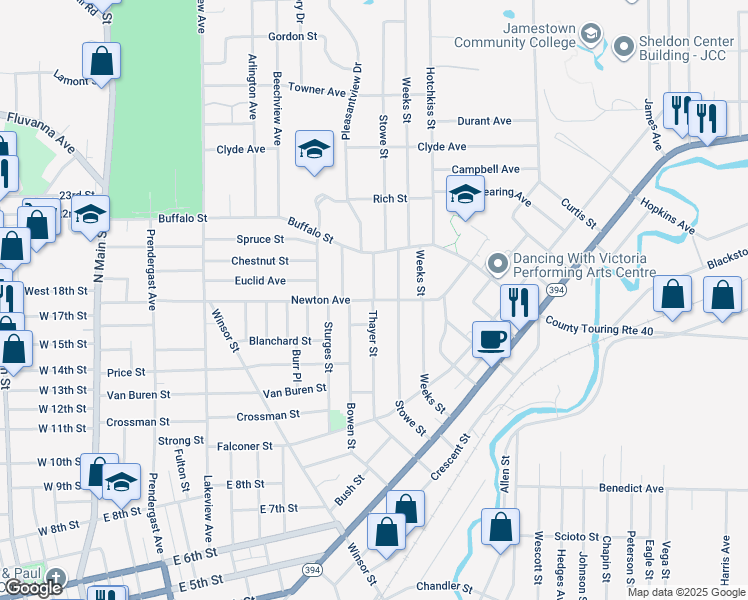 map of restaurants, bars, coffee shops, grocery stores, and more near Newton Avenue & Thayer Street in Jamestown