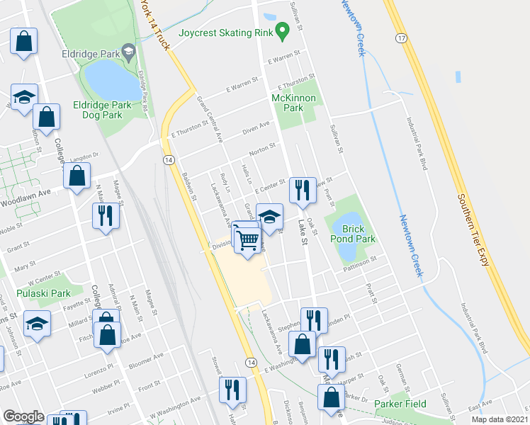 map of restaurants, bars, coffee shops, grocery stores, and more near 1208 Halls Lane in Elmira
