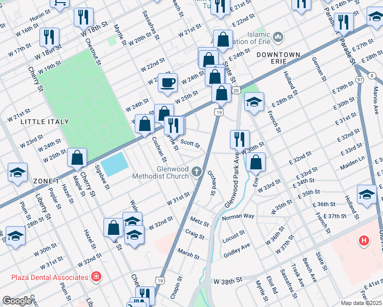 map of restaurants, bars, coffee shops, grocery stores, and more near 10 Summit St in Erie