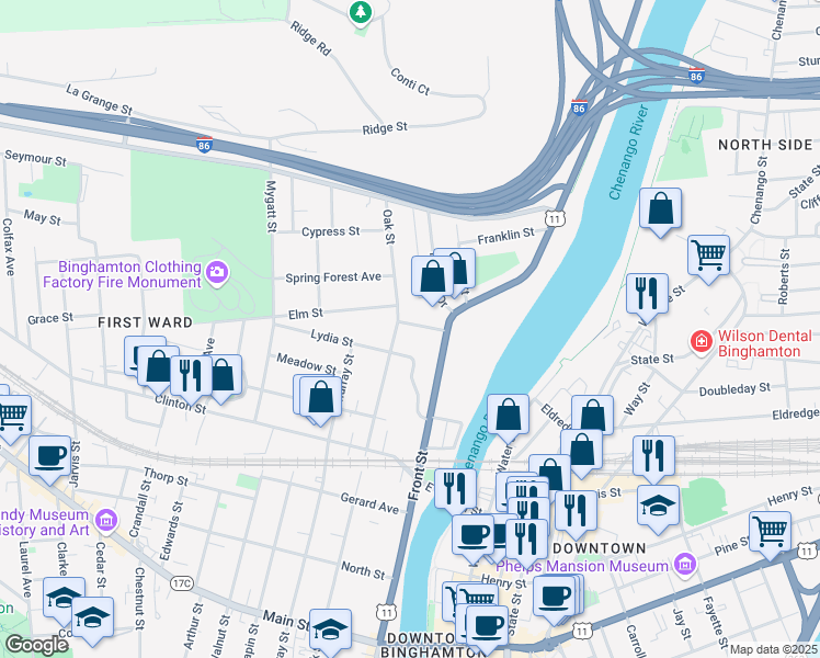 map of restaurants, bars, coffee shops, grocery stores, and more near 13 Gaines Street in Binghamton