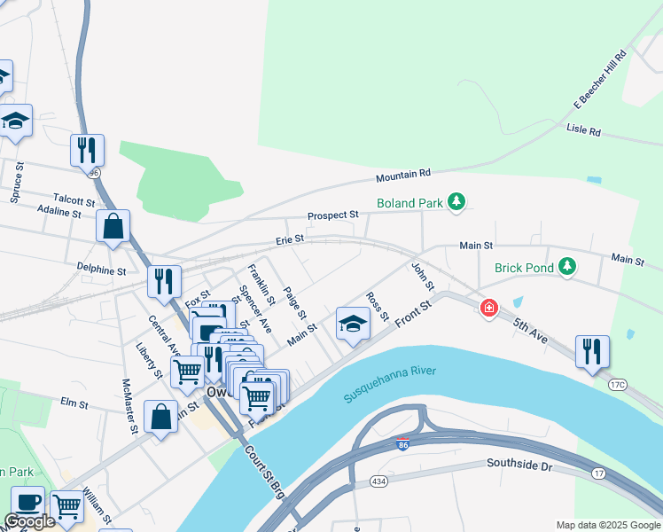 map of restaurants, bars, coffee shops, grocery stores, and more near 223 E Temple St in Owego