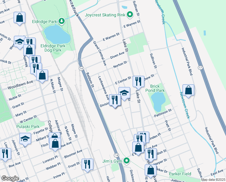 map of restaurants, bars, coffee shops, grocery stores, and more near 1213 Grand Central Avenue in Elmira