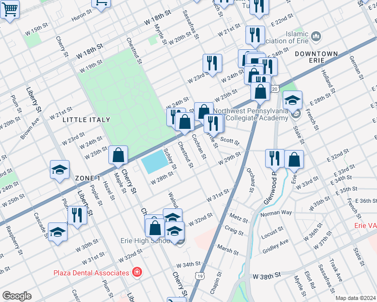 map of restaurants, bars, coffee shops, grocery stores, and more near 2635 Chestnut Street in Erie