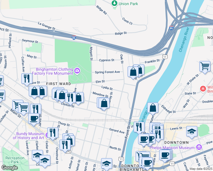 map of restaurants, bars, coffee shops, grocery stores, and more near 36 Lydia Street in Binghamton