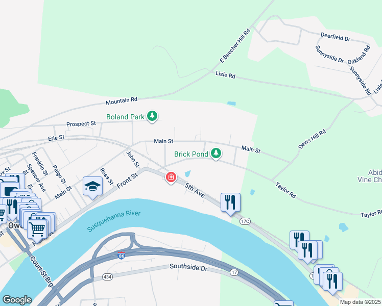 map of restaurants, bars, coffee shops, grocery stores, and more near 505 E Front St in Owego