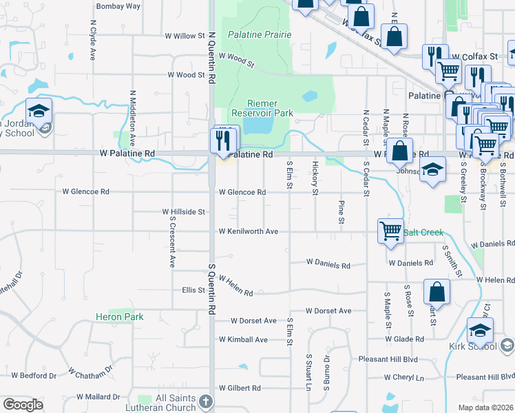 map of restaurants, bars, coffee shops, grocery stores, and more near 120 South Ash Street in Palatine