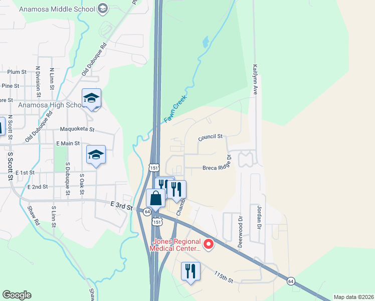 map of restaurants, bars, coffee shops, grocery stores, and more near 403 Chamber Drive in Anamosa
