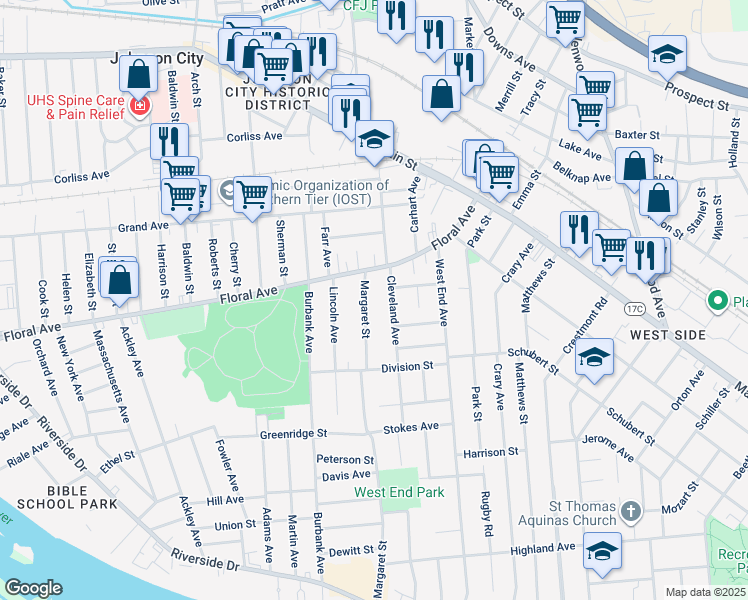 map of restaurants, bars, coffee shops, grocery stores, and more near 11 Margaret St in Binghamton
