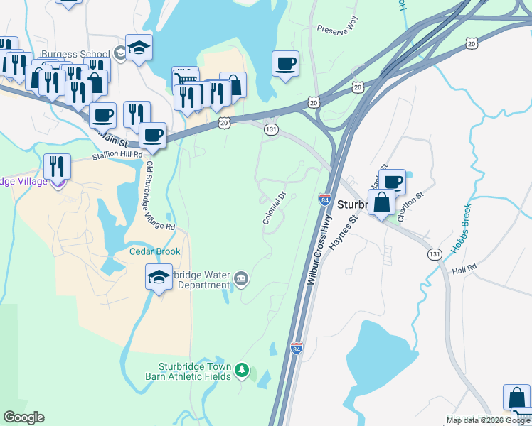 map of restaurants, bars, coffee shops, grocery stores, and more near 94 Colonial Drive in Sturbridge