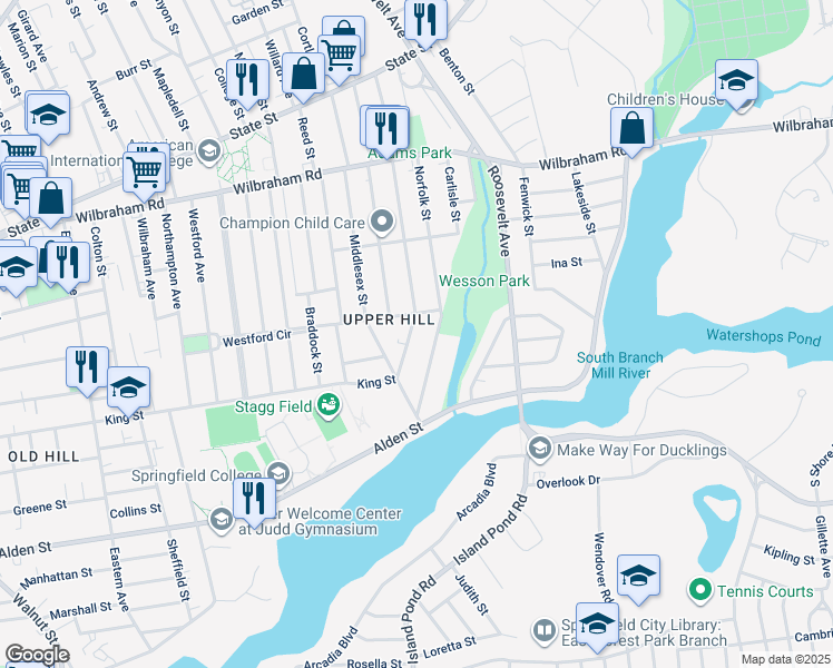 map of restaurants, bars, coffee shops, grocery stores, and more near 179 Bristol Street in Springfield