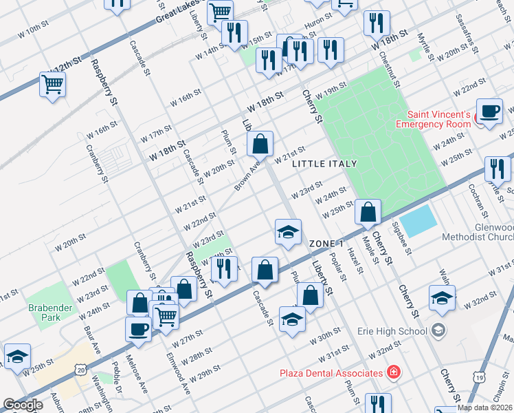 map of restaurants, bars, coffee shops, grocery stores, and more near 2218 Plum Street in Erie