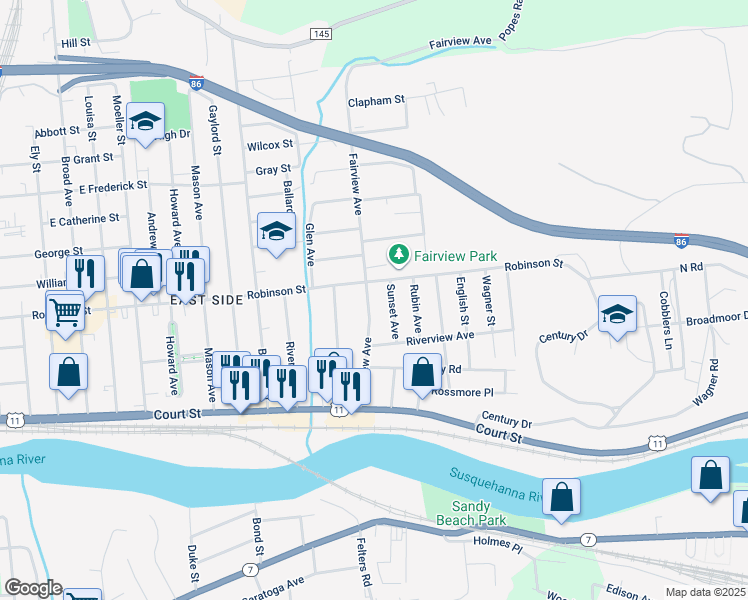 map of restaurants, bars, coffee shops, grocery stores, and more near 48 Fairview Ave in Binghamton