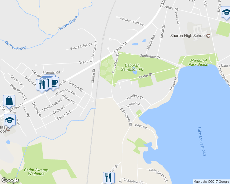 map of restaurants, bars, coffee shops, grocery stores, and more near 64 East Foxboro Street in Sharon