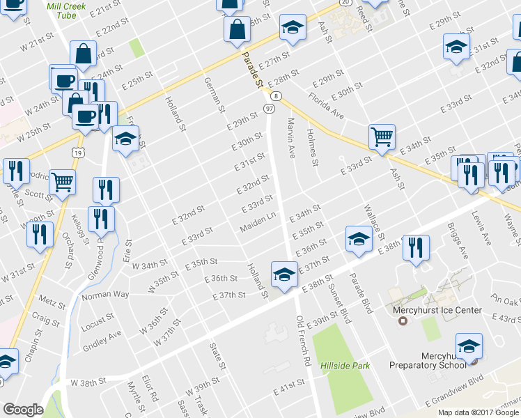 map of restaurants, bars, coffee shops, grocery stores, and more near 253 E 33rd St in Erie