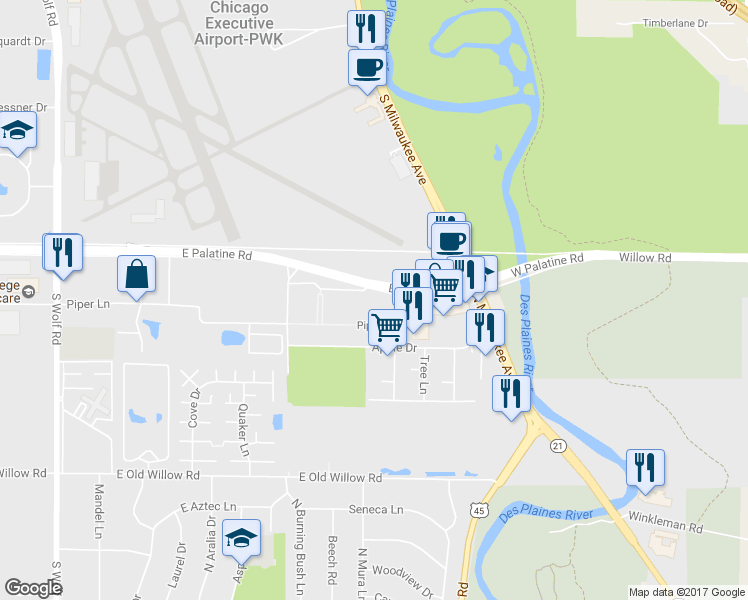 map of restaurants, bars, coffee shops, grocery stores, and more near 830 Piper Lane in Prospect Heights