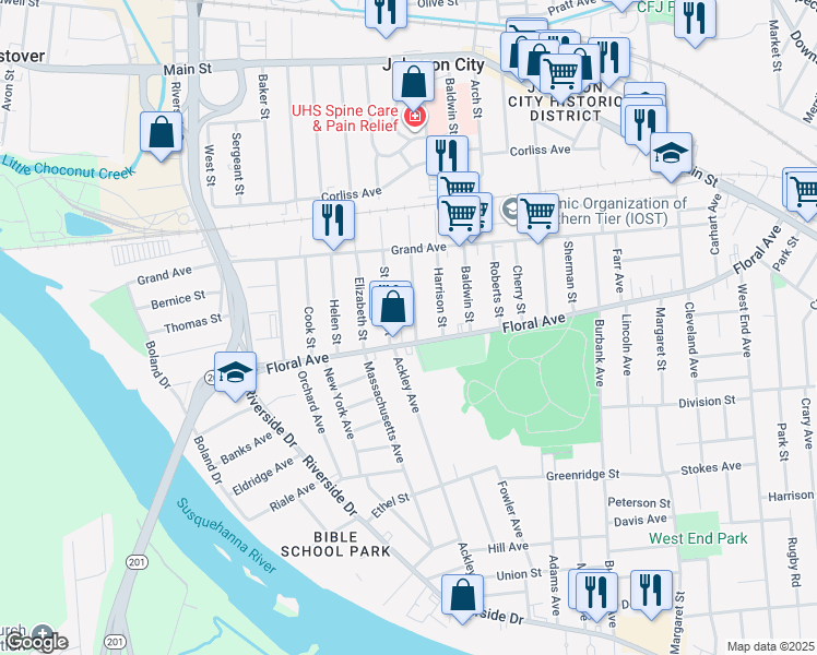 map of restaurants, bars, coffee shops, grocery stores, and more near 249 Saint Charles Street in Johnson City