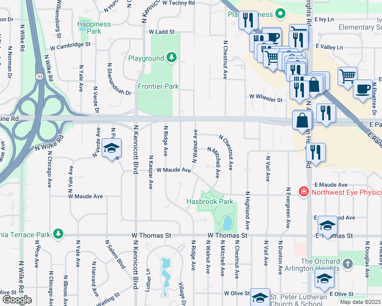 map of restaurants, bars, coffee shops, grocery stores, and more near 1752 North Walnut Avenue in Arlington Heights