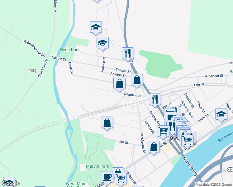 map of restaurants, bars, coffee shops, grocery stores, and more near 56 Delphine Street in Owego